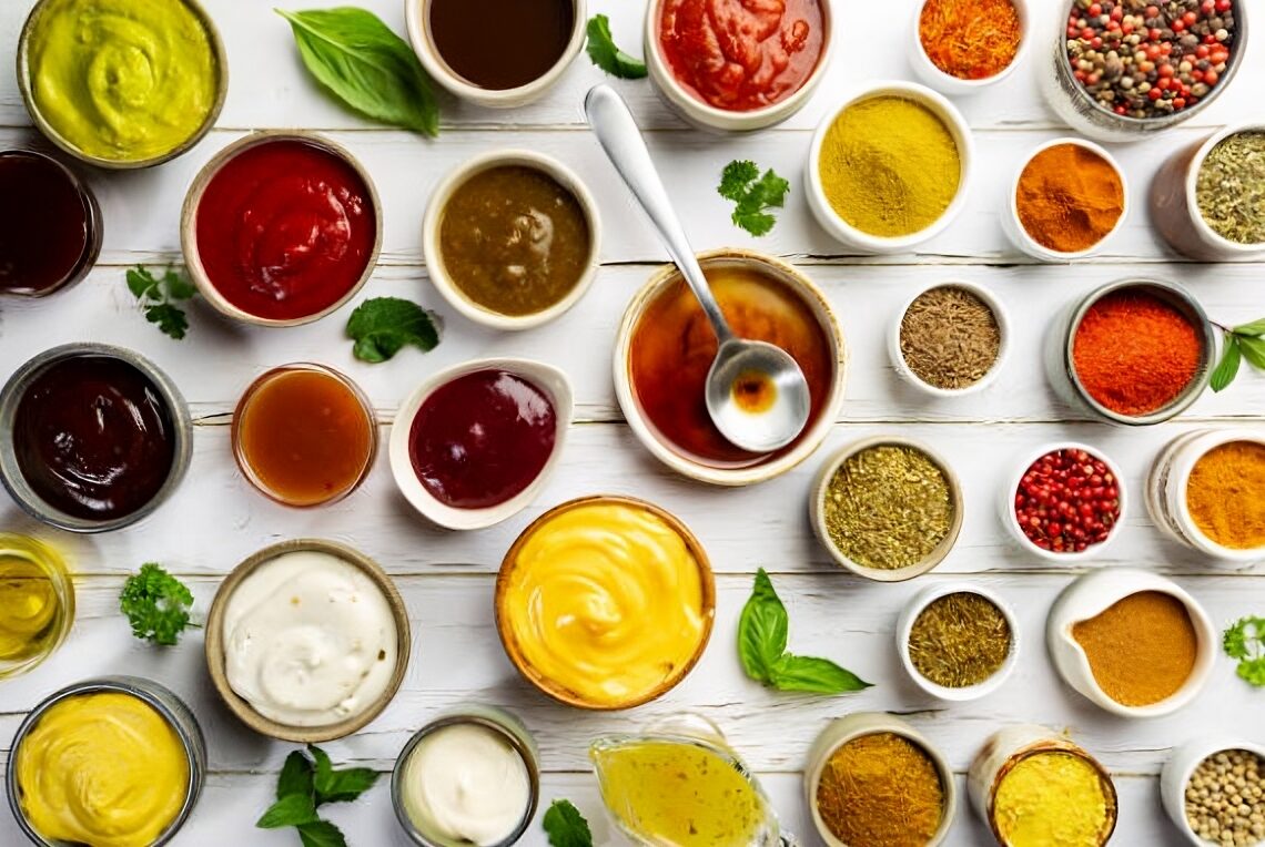 Bowls of seasoning powders and sauces